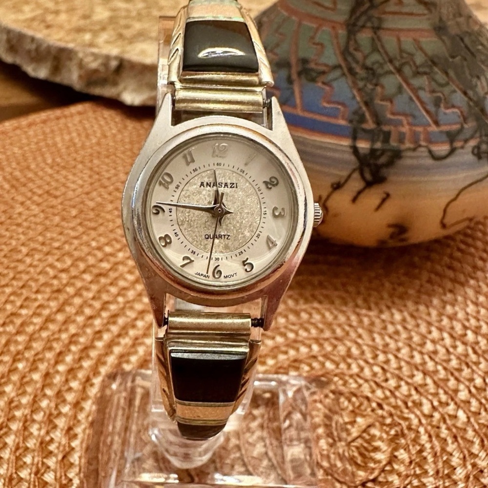Native American Sterling Silver Black Onyx & Opal Ladies Watch -Hallmarked